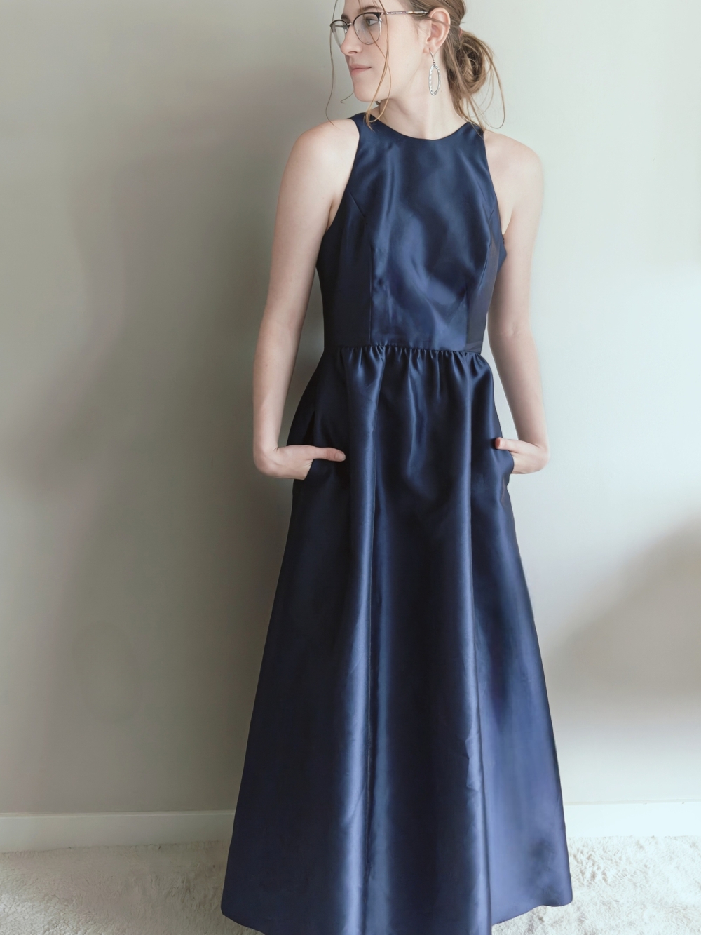 Alfred Sung Navy Satin High Neck A-line Formal Bridesmaid Maxi Gown Dress Size 8